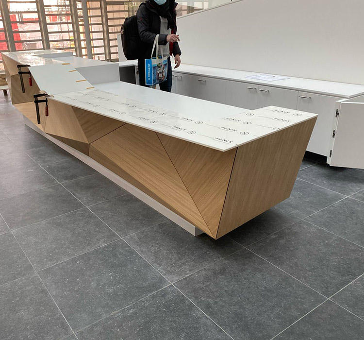 Custom Reception Desk with Stone Finish and Curved White Marble Antique Reception Desk
