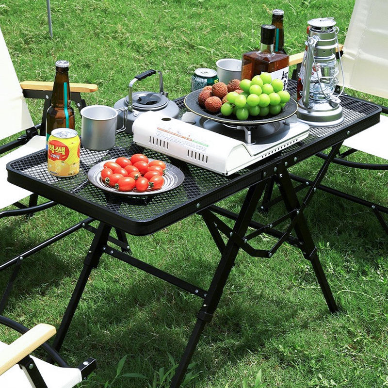 Lightweight Aluminum Camping Grill Table Portable with Adjustable Height Width Mesh Bag Side-Pocket Carry Handle for Outdoor Use