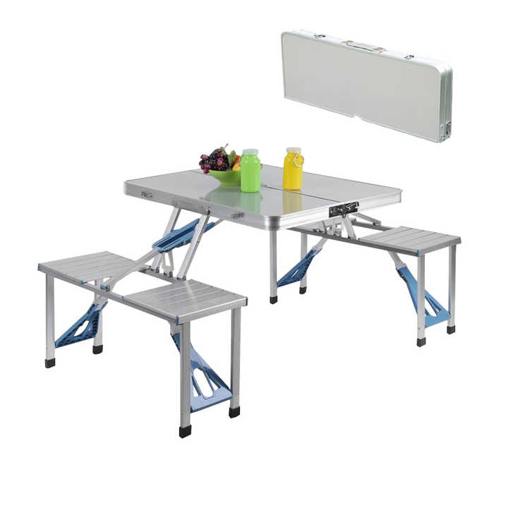 Portable Metal Folding Table with Chairs Modern Suitcase Design for Outdoor Farmhouse Picnics Featuring Umbrella Hole