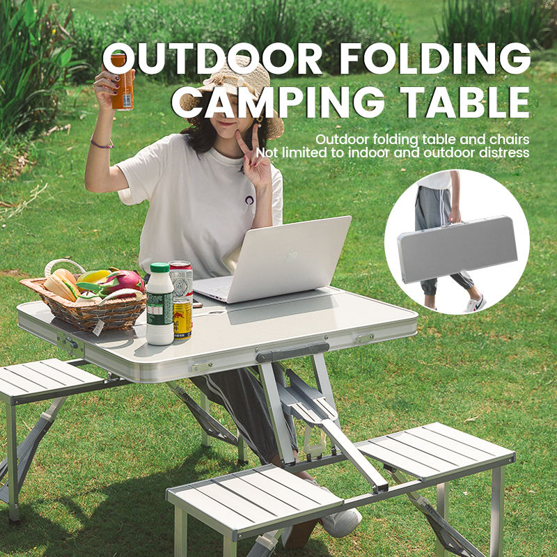 Portable Metal Folding Table with Chairs Modern Suitcase Design for Outdoor Farmhouse Picnics Featuring Umbrella Hole