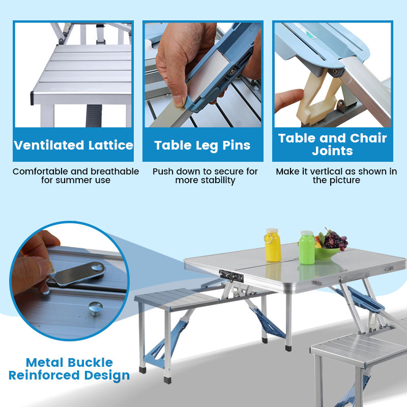 Portable Metal Folding Table with Chairs Modern Suitcase Design for Outdoor Farmhouse Picnics Featuring Umbrella Hole