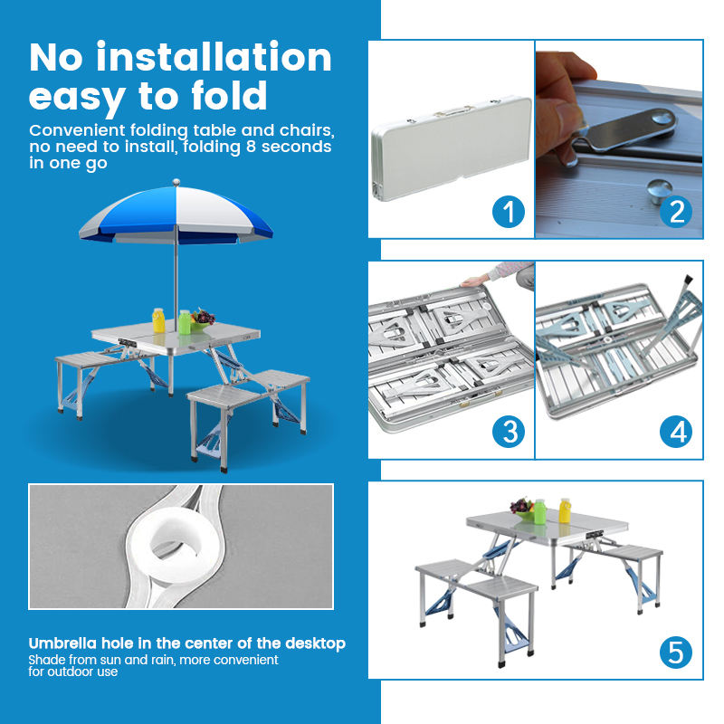 Portable Metal Folding Table with Chairs Modern Suitcase Design for Outdoor Farmhouse Picnics Featuring Umbrella Hole
