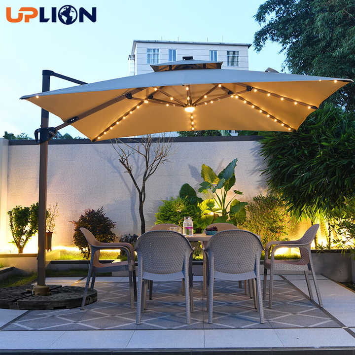 Uplion Aluminum LED Lights Garden Umbrella Outdoor Waterproof Large Cantilever Umbrella Solar Panel Patio Parasol Umbrella