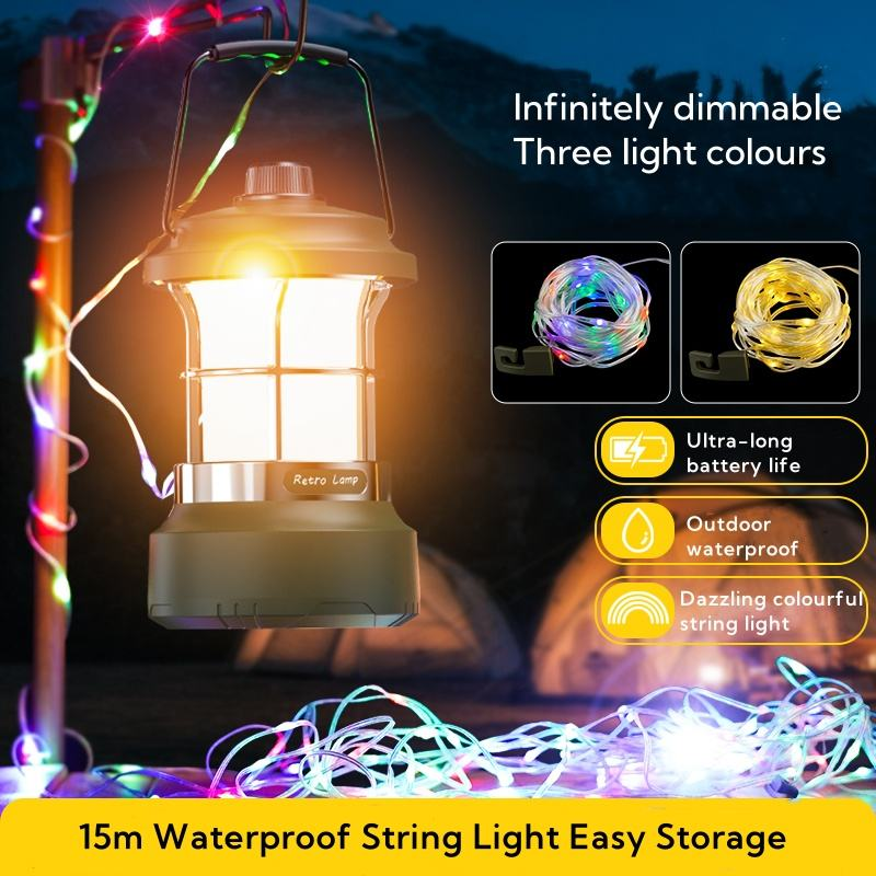 Retro LED 15M Camping String Light, Rechargeable Waterproof Hanging Light, Extra Long String Light for Outdoor Camping