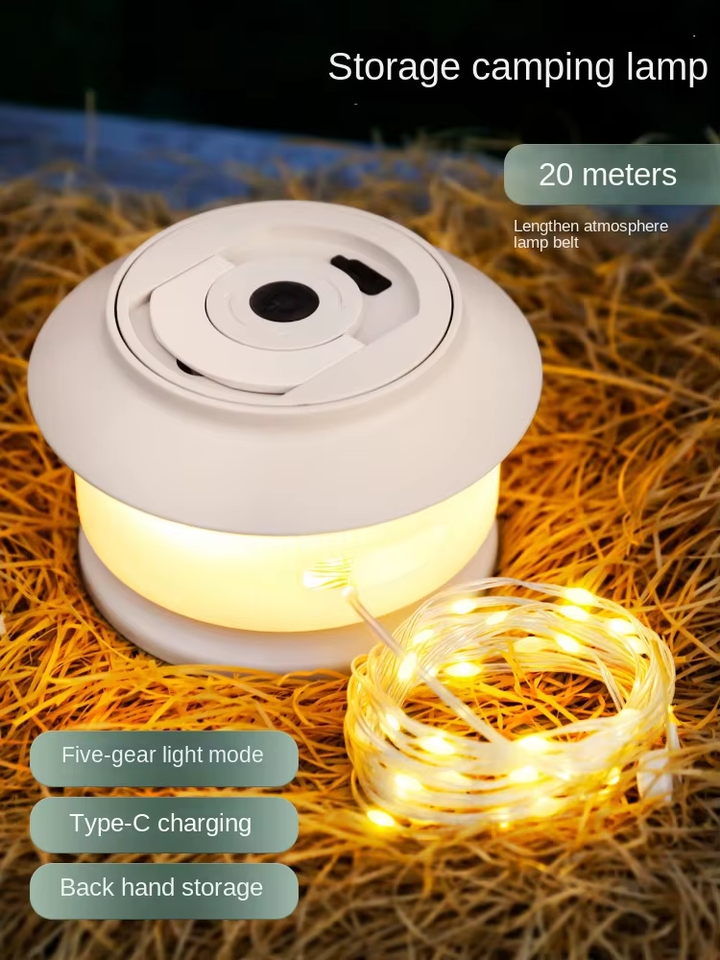 20m LED Camping String Light, Waterproof Outdoor Lights with Lantern Mode, Rechargeable Rollable String Lights for Outdoor