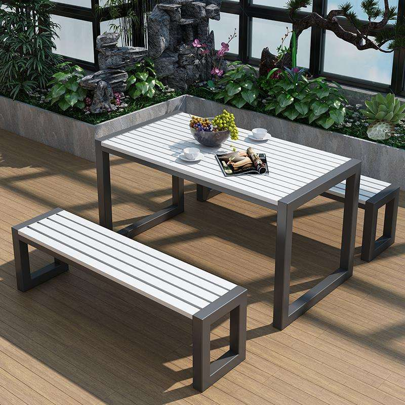 Stylish Garden Terrace Furniture Set With Plastic Wood Table and Metal Frame Chairs for Outdoor Garden Table Chair
