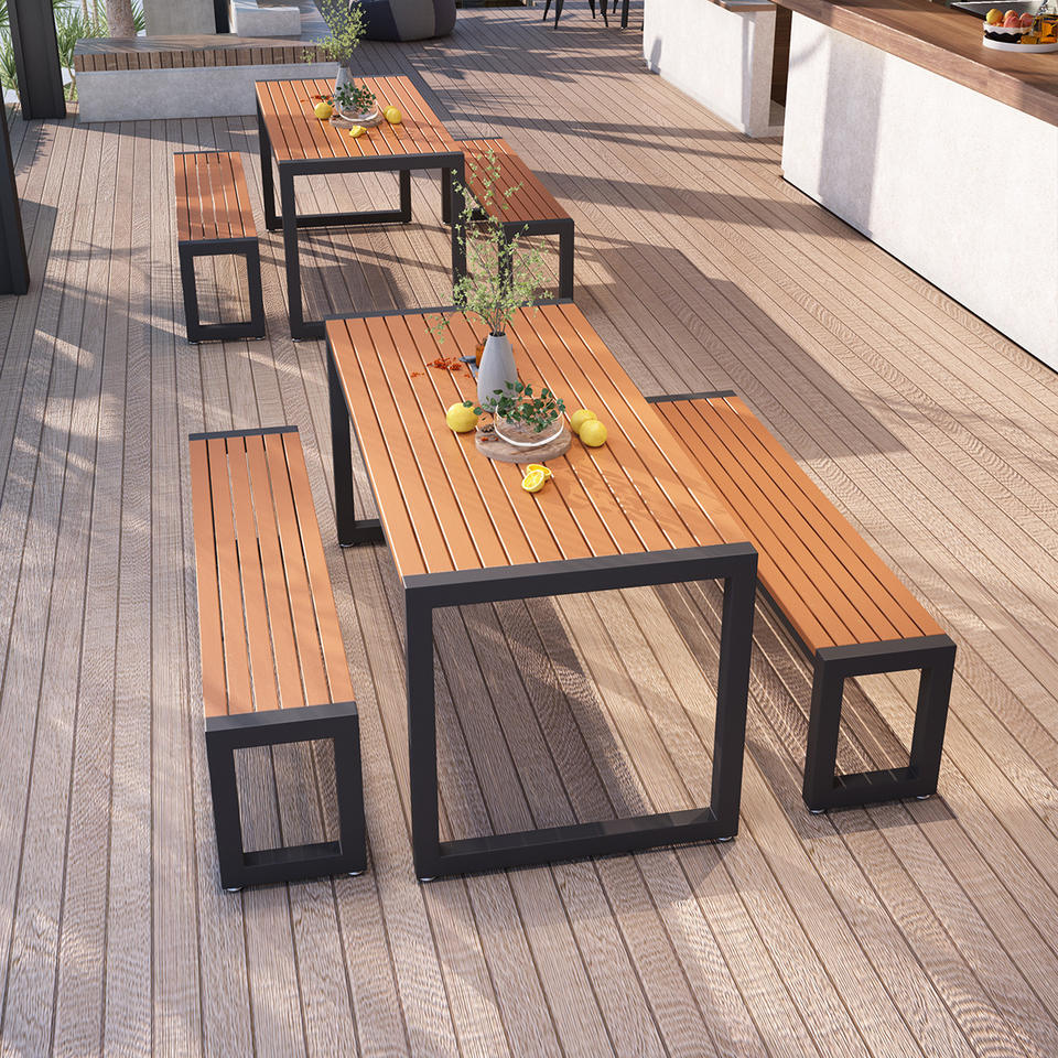 Stylish Garden Terrace Furniture Set With Plastic Wood Table and Metal Frame Chairs for Outdoor Garden Table Chair