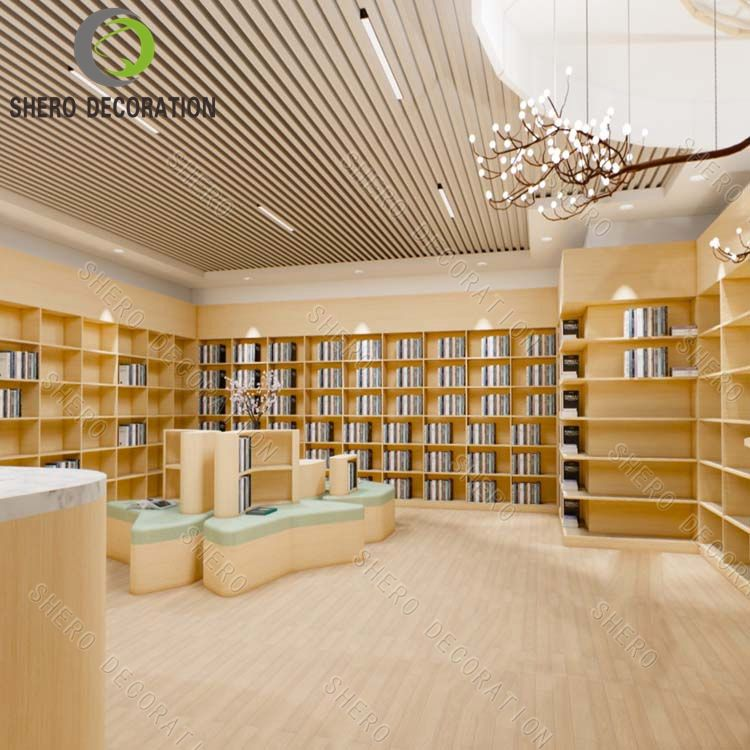 Custom Modern Curved Library Interior Design Commercial Wood Book Shelf Stand Cute Kids Miniature Bookstore Furniture for School