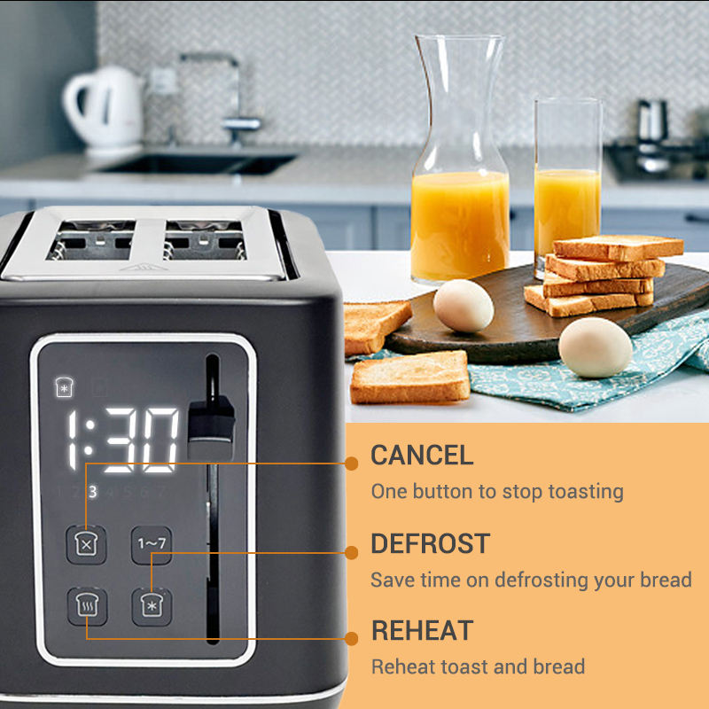 Smart LED Display 2 Slice Toaster Automatic 7 Browning Settings Bread Toaster with Countdown Function