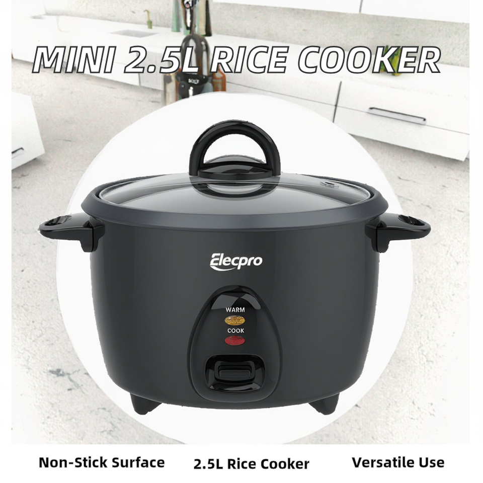 400W Small Mini Electric Drum Rice Cooker 2.5L EU Plus Black 0.7mm Non-Stick Coating Inner Pot Glass Lid Household Measuring Cup