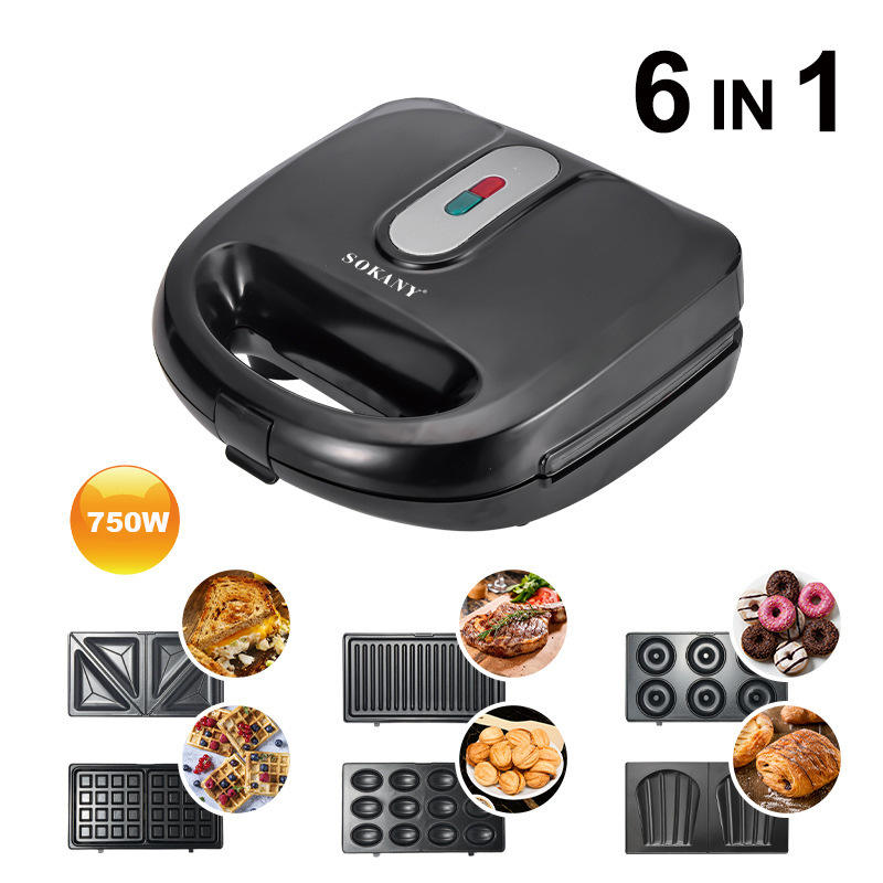 Cross-Border Six-In-One Breakfast Machine Electric Griddle Nut Waffle Maker Home Baking Toast Heating Toaster for Household Use