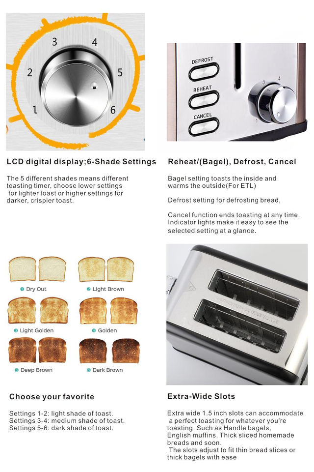 OEM Stainless Steel Electric 2-Slice Bread Toaster with Extra Wide Slot for Household & Hotel Use