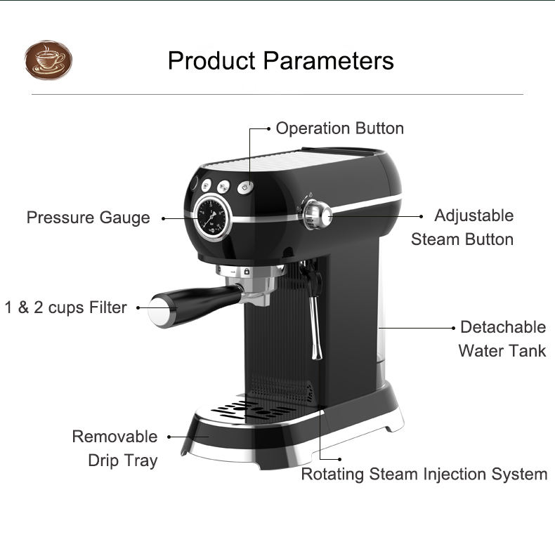 Professional 1350W Stainless Steel Espresso Machine Retro Style 20Bar Semi-Automatic Coffee Maker for Household Electric Source