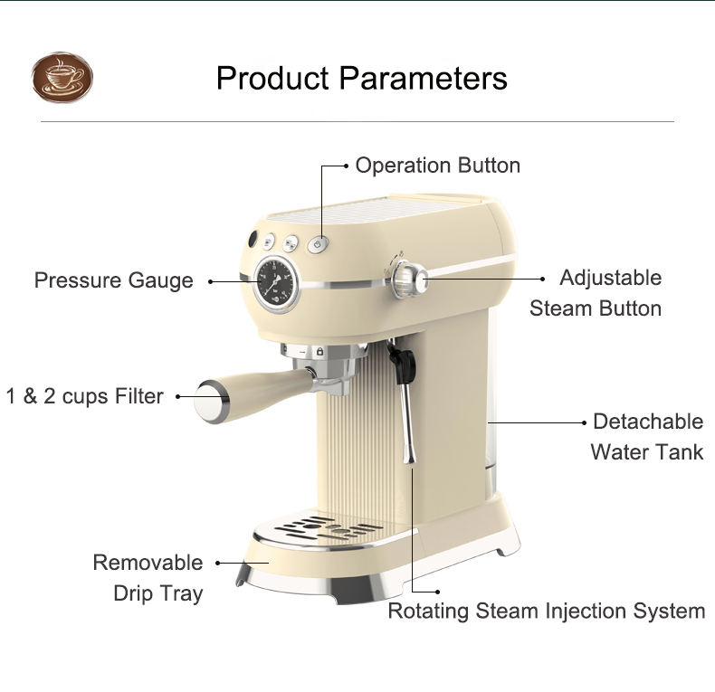 20Bar Pump Retro Style Espresso Machine Stainless Steel Household Coffee Maker with Optional Capsule Portafilter for Hotels