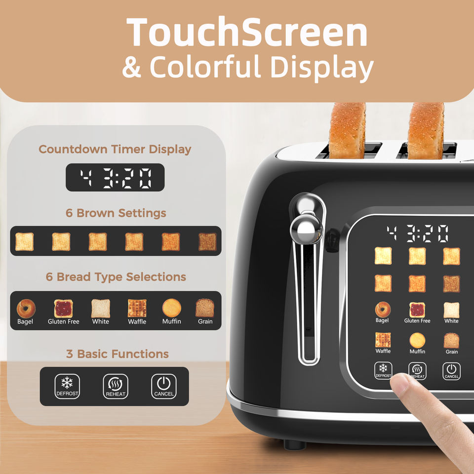 4 Slice Toaster with Touch Screen Control Electric Stainless Steel Smart Bread Toasters with 6 Bread Types Bagel Muffin Waffle