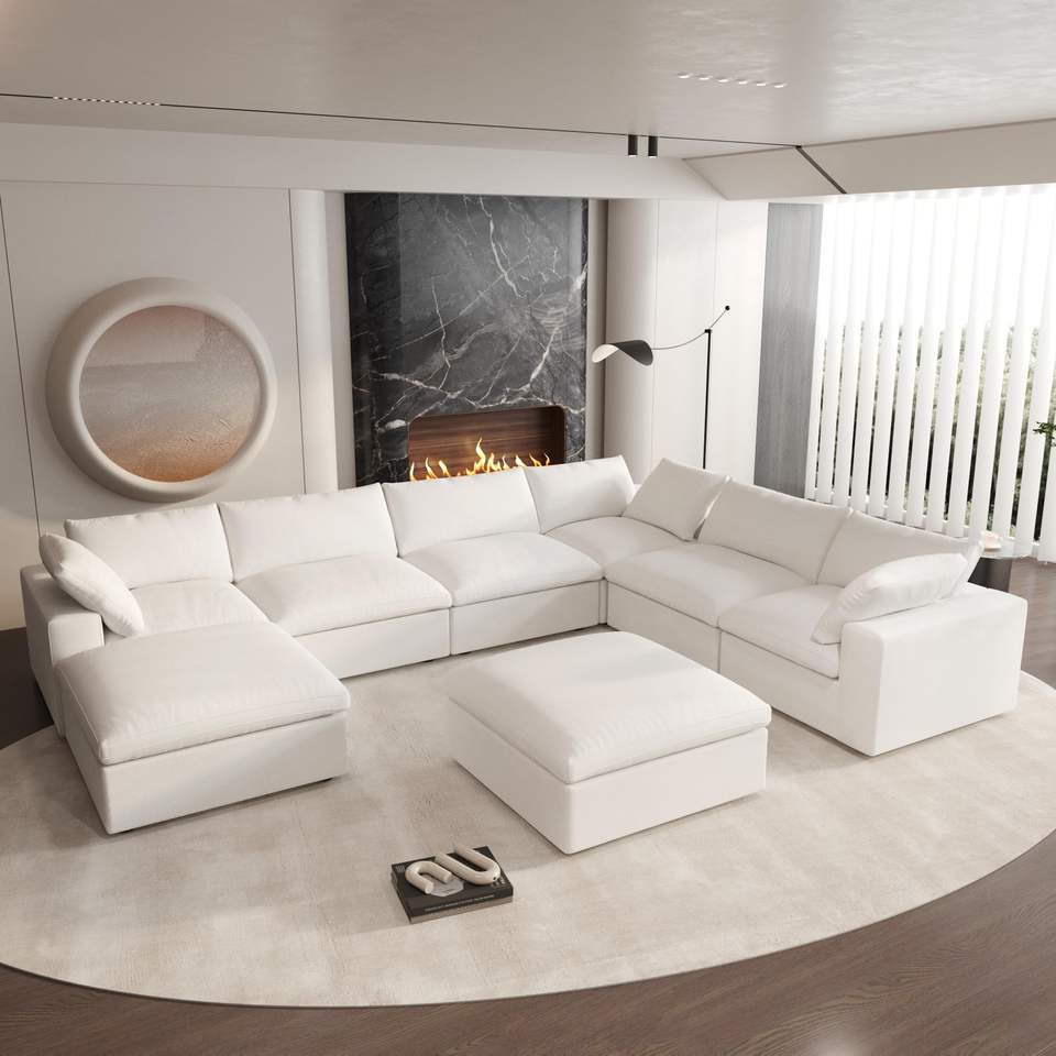VOXHOME Hotel Lobby Villa Elegance American L Shape Corner Cloud Sofa White 6 7 8 9 Seater Modular Sectional Couch Sofa Set