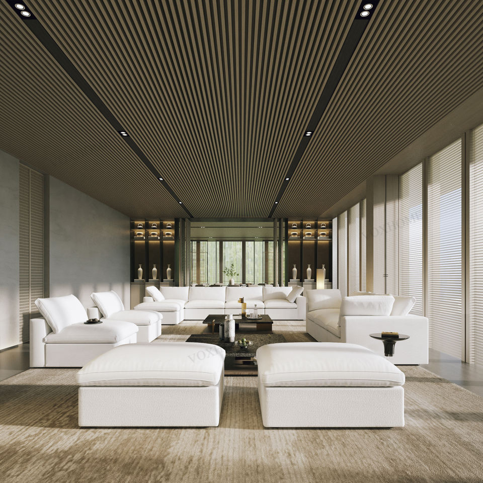 VOXHOME Hotel Lobby Living Room L Shape Corner Soft Washable Cloud Sofa White 6 7 8 9 Seater Modular Sectional Couch Sofa Set