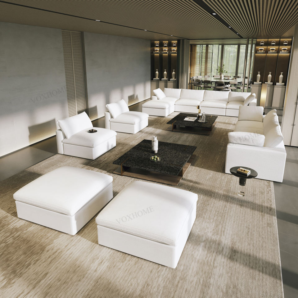VOXHOME Hotel Lobby Living Room L Shape Corner Soft Washable Cloud Sofa White 6 7 8 9 Seater Modular Sectional Couch Sofa Set