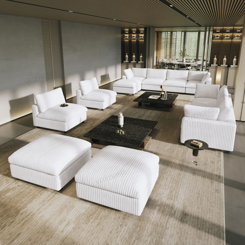 VOXHOME Hotel Lobby Villa American L Shape Corner Corduroy Soft Sofa White 7 8 9 10 Seater Modular Sectional Couch Sofa Set