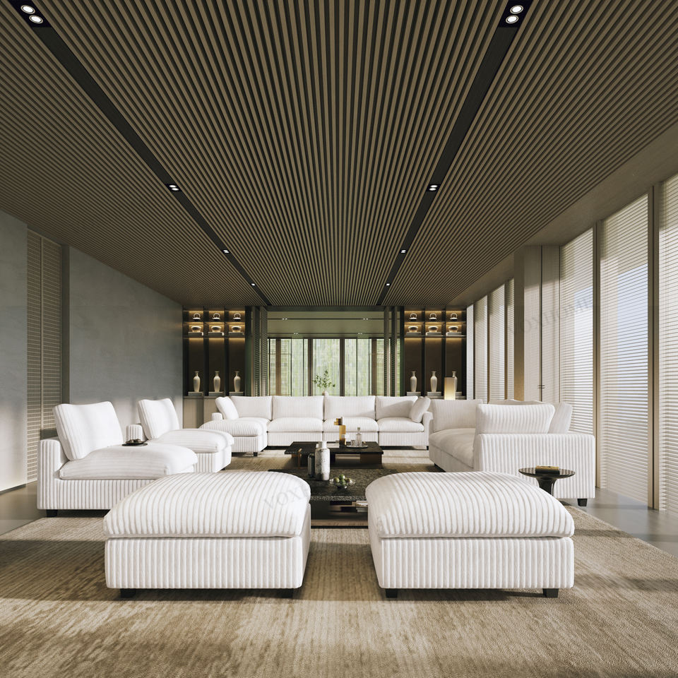 VOXHOME Hotel Lobby Villa American L Shape Corner Corduroy Soft Sofa White 7 8 9 10 Seater Modular Sectional Couch Sofa Set