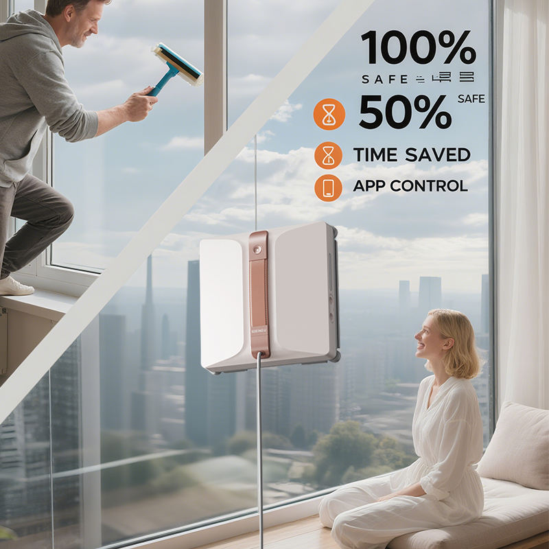 Two-Way Smart Robot Window Washer W3 Anti-Drop Feature 6 Language Options Remote Control Electric Household Use Battery Powered