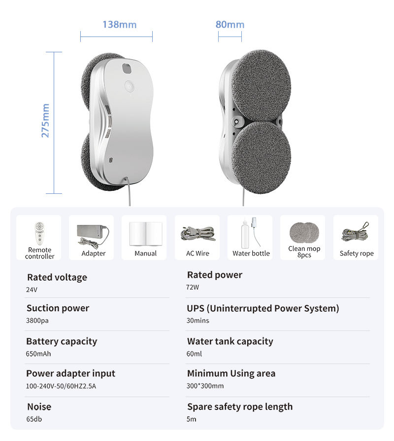 2024 Best Quality Household Auto Water Spray Window & Glass Cleaning Robot with APP & Remote Control Brushless Motor