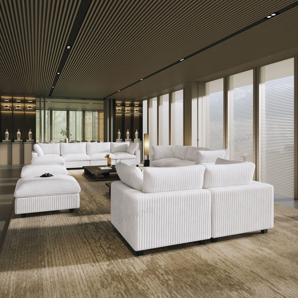 VOXHOME Hotel Lobby Villa American Furniture Cloud Corduroy Fabric Soft Sofa 6 7 8 9 10 Seater Modular Sectional Couch Sofa Set