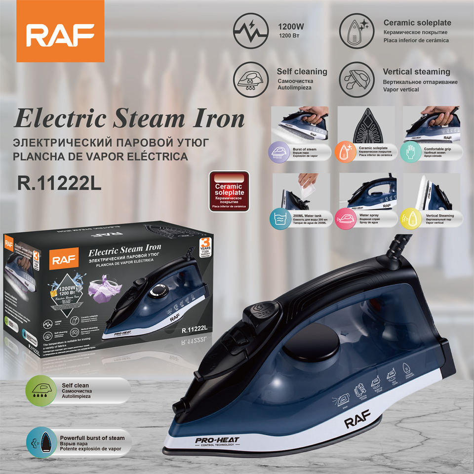 R.11222 RAF 1200W Ceramic Soleplates Non Stick Plate Iron Anti-Drip Steam Iron Electric Steam Iron for Hotels and Household Use