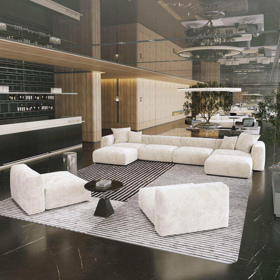 VOXHOME Hotel Lobby Furniture Modern Vacuum Compress Beige 6 7 8 9 Seater Floor Corduroy Modular Sectional Sofa Couch Set