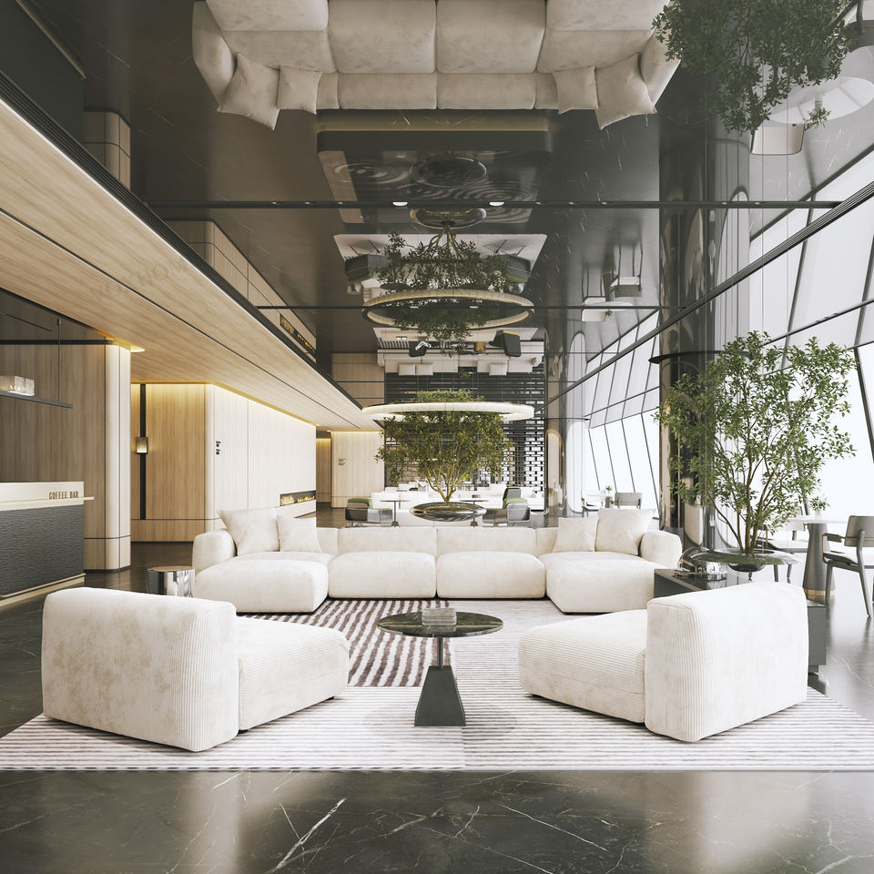 VOXHOME Hotel Lobby Furniture Modern Vacuum Compress Beige 6 7 8 9 Seater Floor Corduroy Modular Sectional Sofa Couch Set