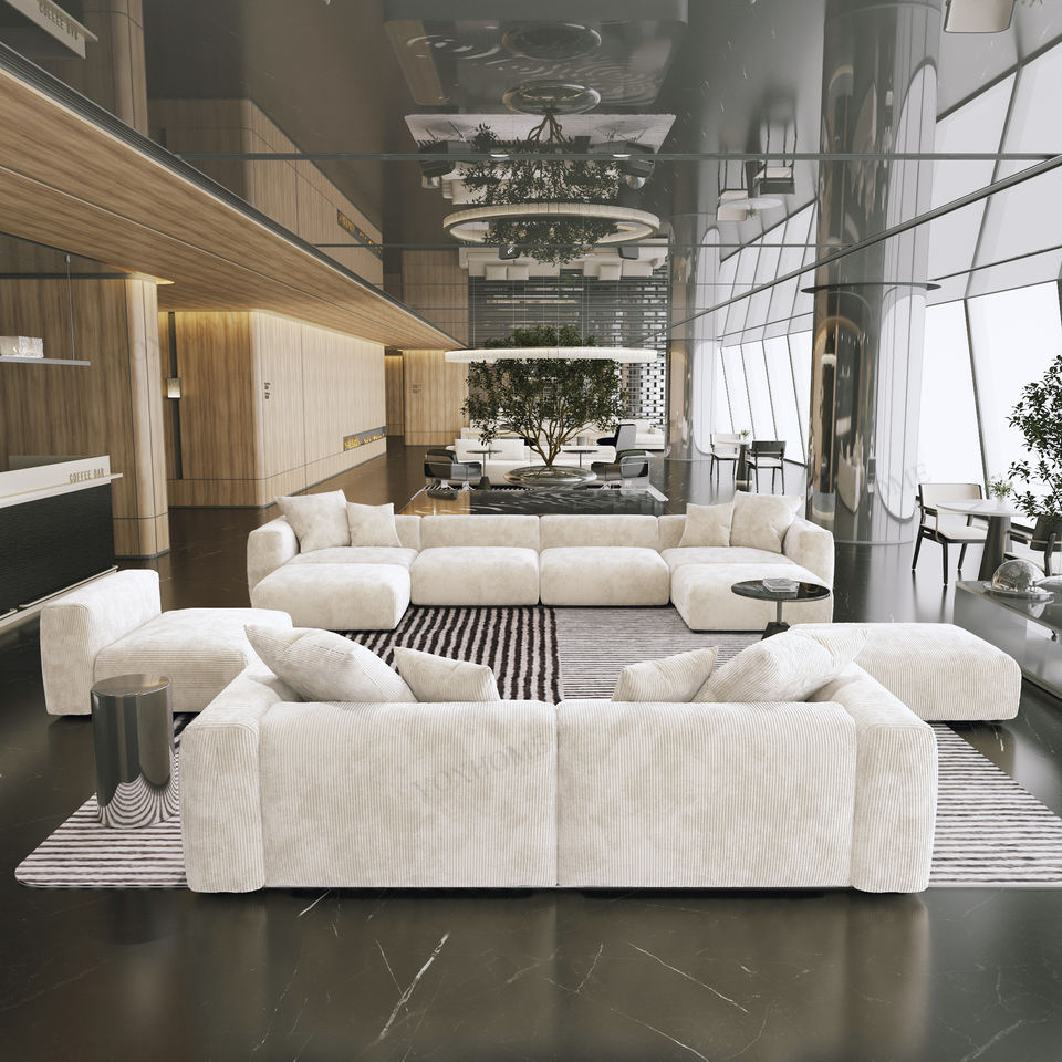 VOXHOME Hotel Lobby Furniture Modern Vacuum Compress Beige 6 7 8 9 Seater Floor Corduroy Modular Sectional Sofa Couch Set