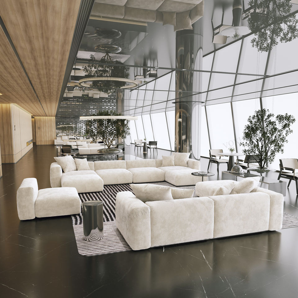 VOXHOME Hotel Lobby Furniture Modern Vacuum Compress Beige 6 7 8 9 Seater Floor Corduroy Modular Sectional Sofa Couch Set