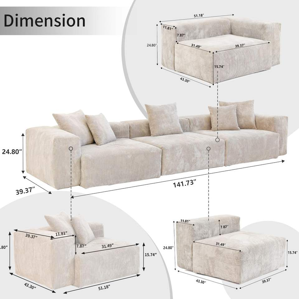 VOXHOME Hotel Lobby Furniture Modern Vacuum Compress Beige 6 7 8 9 Seater Floor Corduroy Modular Sectional Sofa Couch Set
