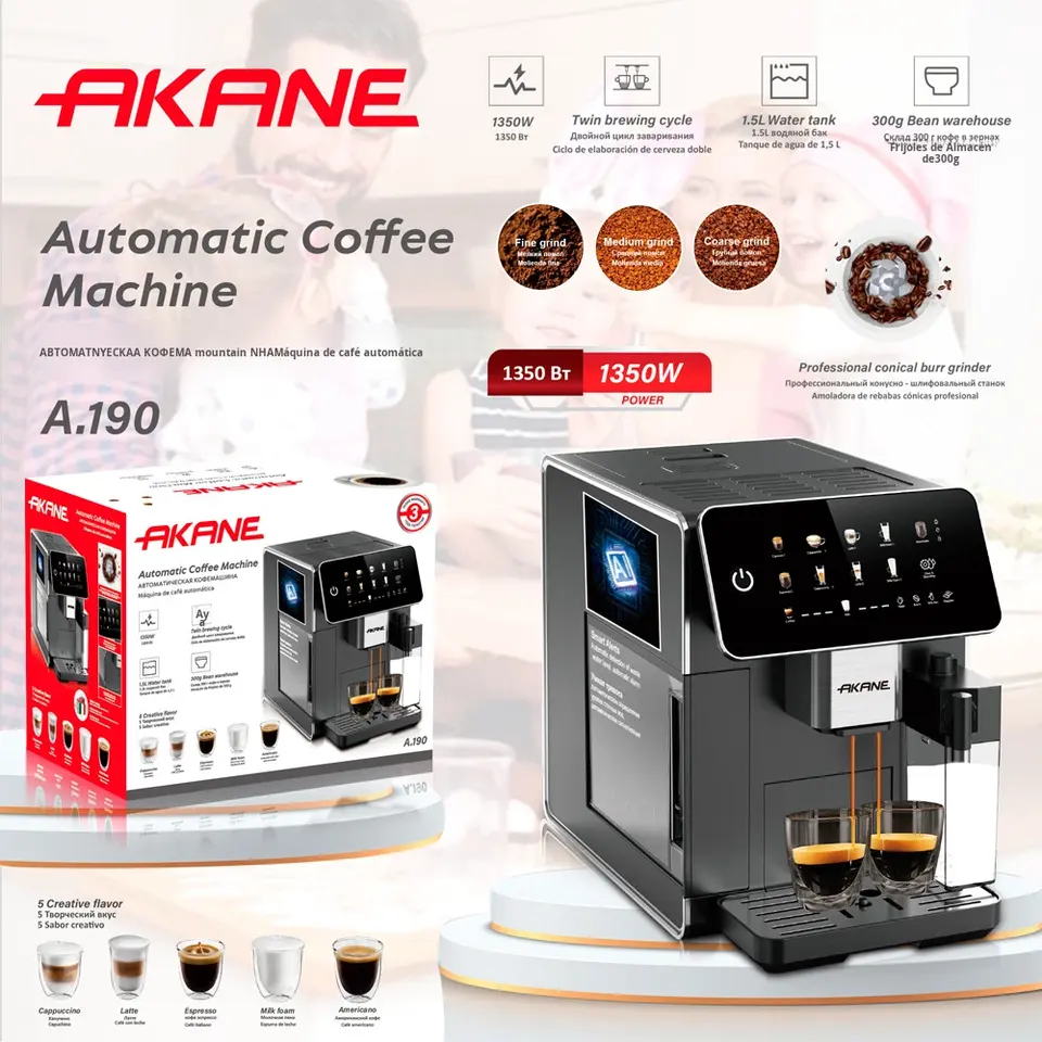 Multi-functional Coffee Machine Model A.190 1.2L Water Tank Automatic Cleaning Smart Coffee Machine for Household and Office