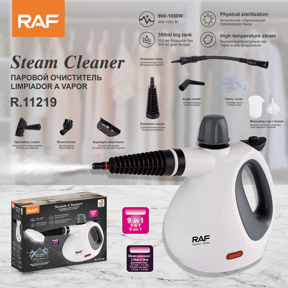 RAF R.11219 High Temperature Portable Pressurized Steam Cleaner with 9 Piece Accessory Set for Carpet Sofa Car