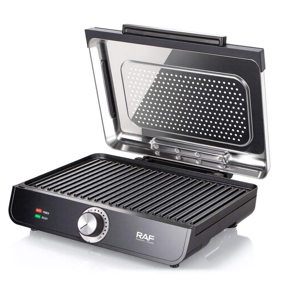 R.2603 Dual Side Heating with Removable Splatter Lid Non Stick Surface for Efficient Grilling and Even Cooking