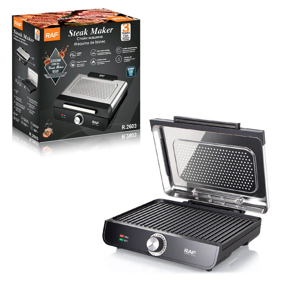 R.2603 Dual Side Heating with Removable Splatter Lid Non Stick Surface for Efficient Grilling and Even Cooking