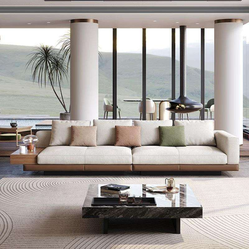 Italian Mid- Modern Genuine Leather Modular Sectional Sofa Set Stainless Steel Legs Minimalist Design for Villa Living