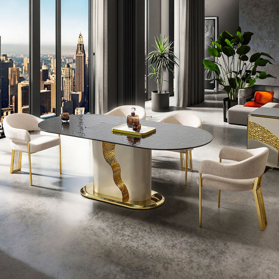 Modern Style Elegant Dining Table for Luxury Villa Furniture Complete Design Wave Stainless Steel Base Large Size Oil Dining Set