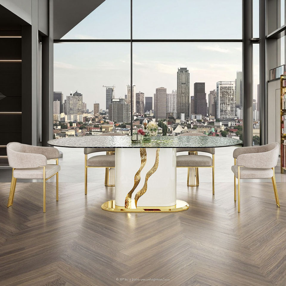 Modern Style Elegant Dining Table for Luxury Villa Furniture Complete Design Wave Stainless Steel Base Large Size Oil Dining Set