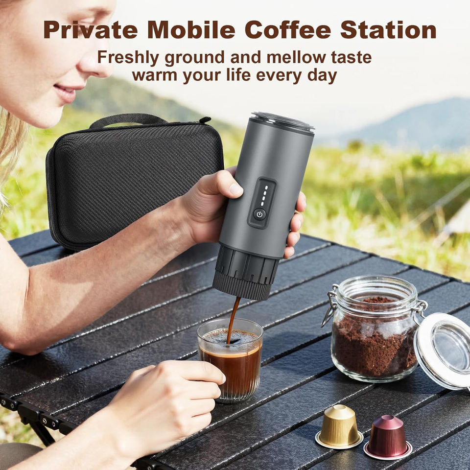 Portable Espresso Machine 20 Bar Self Heating Rechargeable USB C Car Coffee Maker for Camping Travel Coffee Grounds Capsule