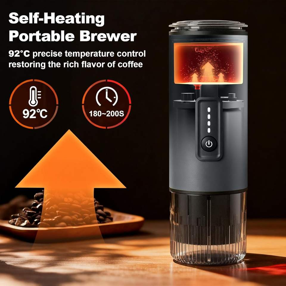 Portable Espresso Machine 20 Bar Self Heating Rechargeable USB C Car Coffee Maker for Camping Travel Coffee Grounds Capsule
