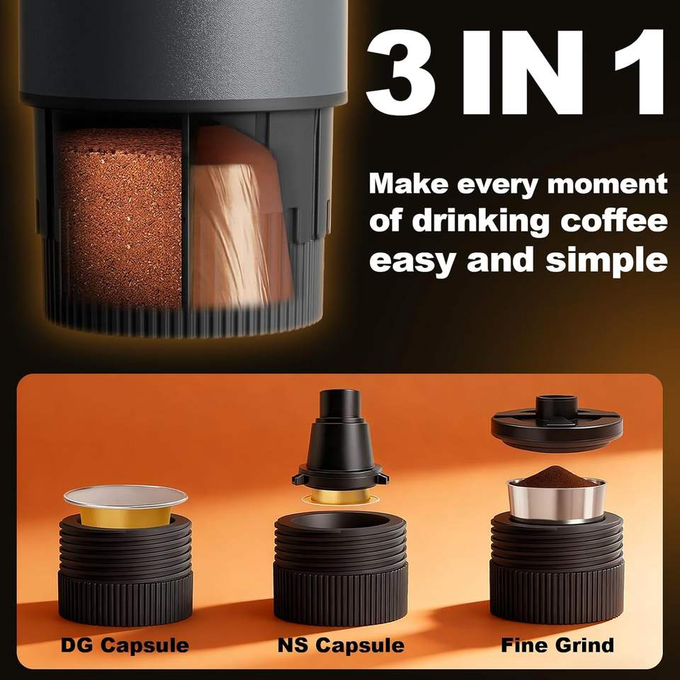 Portable Espresso Machine 20 Bar Self Heating Rechargeable USB C Car Coffee Maker for Camping Travel Coffee Grounds Capsule