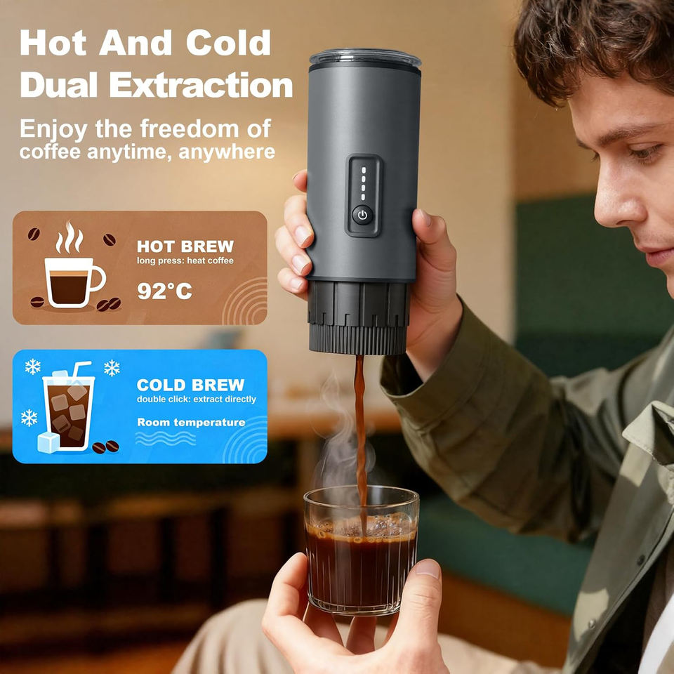 Portable Espresso Machine 20 Bar Self Heating Rechargeable USB C Car Coffee Maker for Camping Travel Coffee Grounds Capsule
