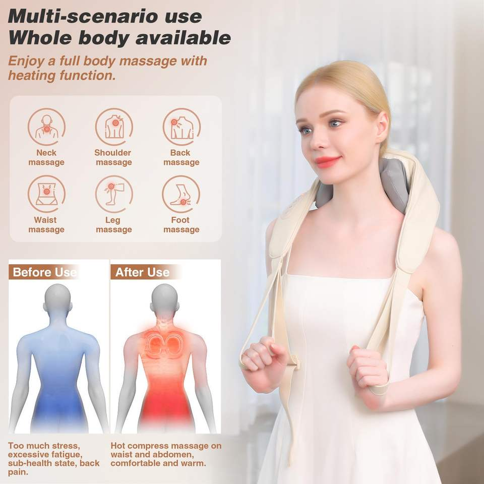 For Suyzeko Smart Shiatsu Electric Back Neck Shoulder Massager Heat for Pain Relief Portable for Travel Car Outdoor Use Battery