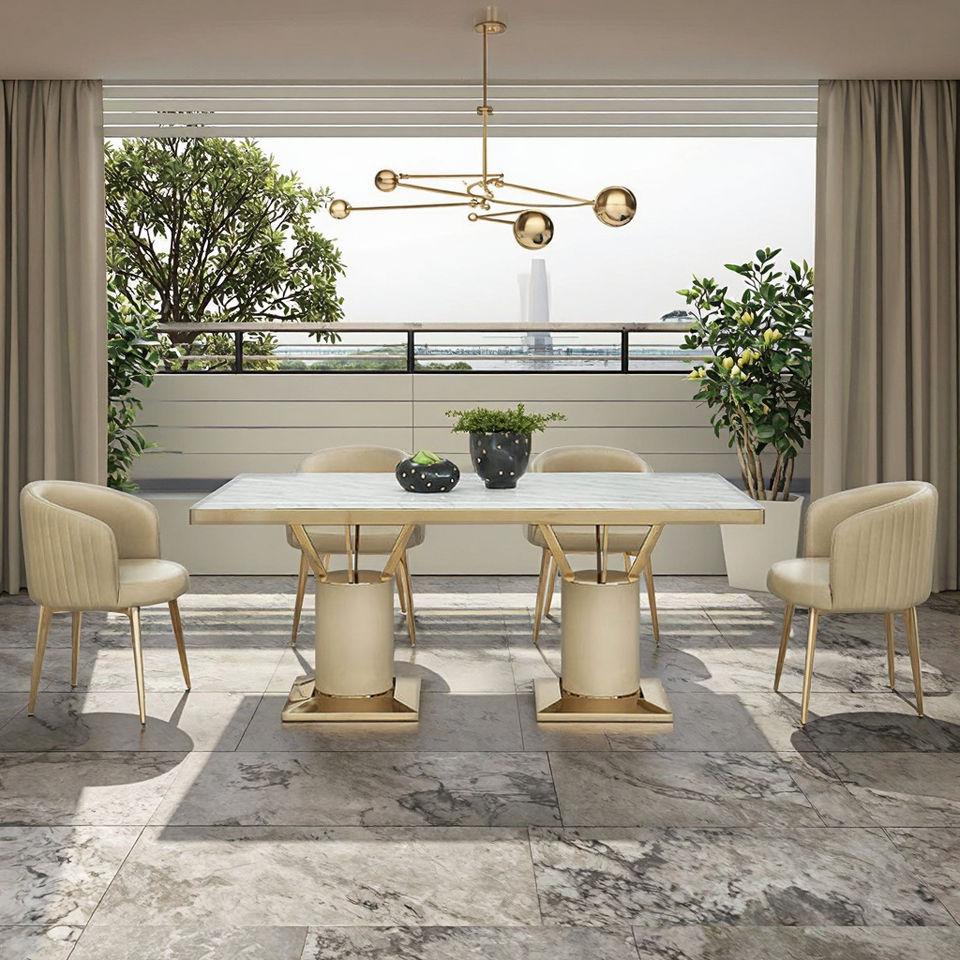 Luxurious Golden Stainless Steel Mirrored Ss Furniture Minimalist Exotic Marble French Style Dining Table and Chair