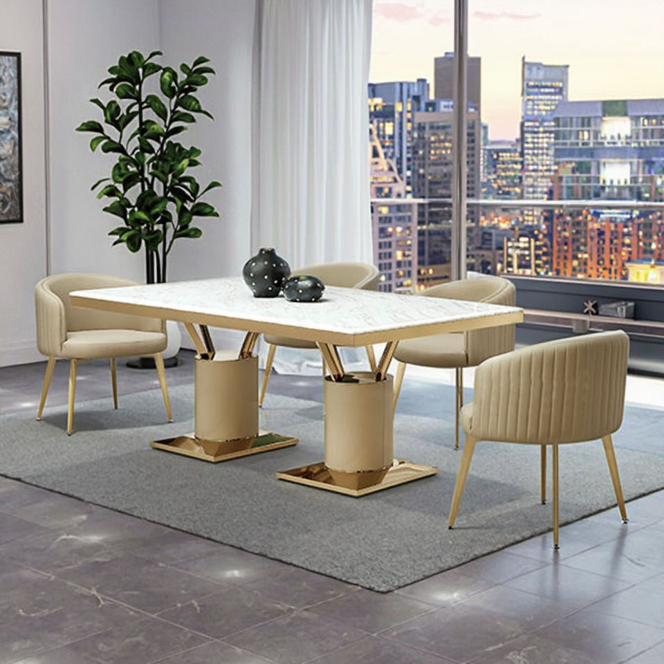 Luxurious Golden Stainless Steel Mirrored Ss Furniture Minimalist Exotic Marble French Style Dining Table and Chair