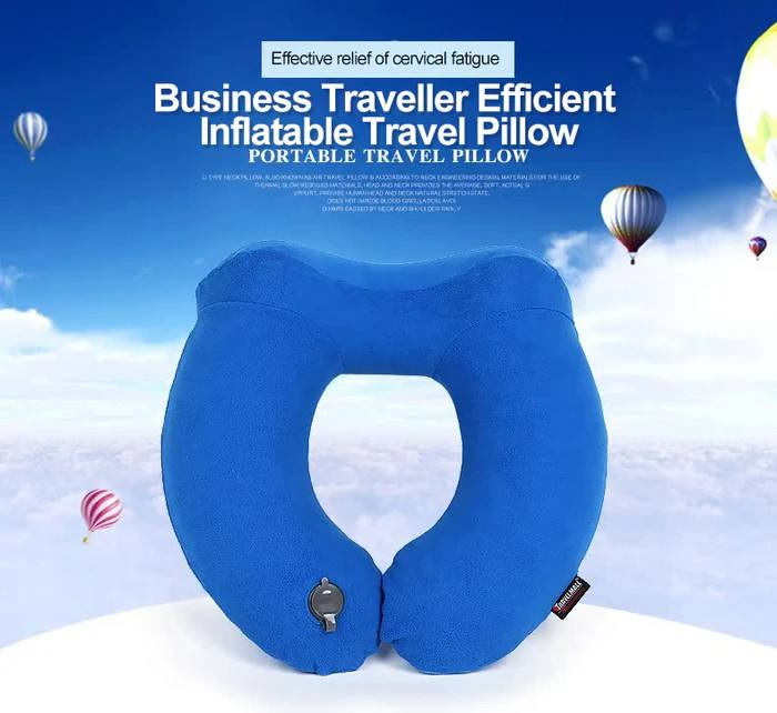 Polyester Inflatable U-Shaped Travel Neck Pillow for Airplane Use Portable Massage Pillow to Relieve Neck Pain