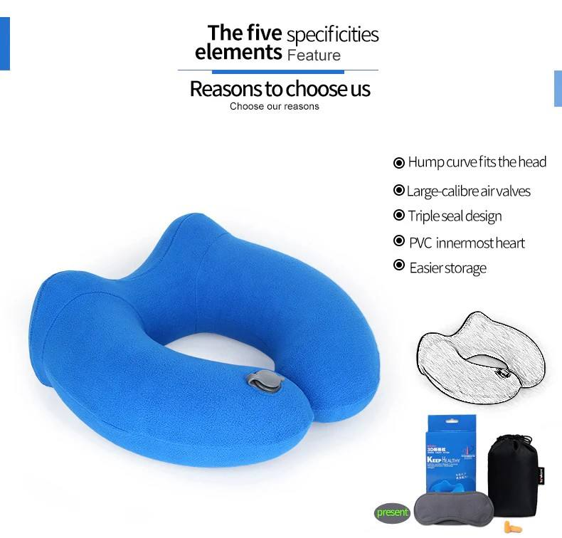 Polyester Inflatable U-Shaped Travel Neck Pillow for Airplane Use Portable Massage Pillow to Relieve Neck Pain