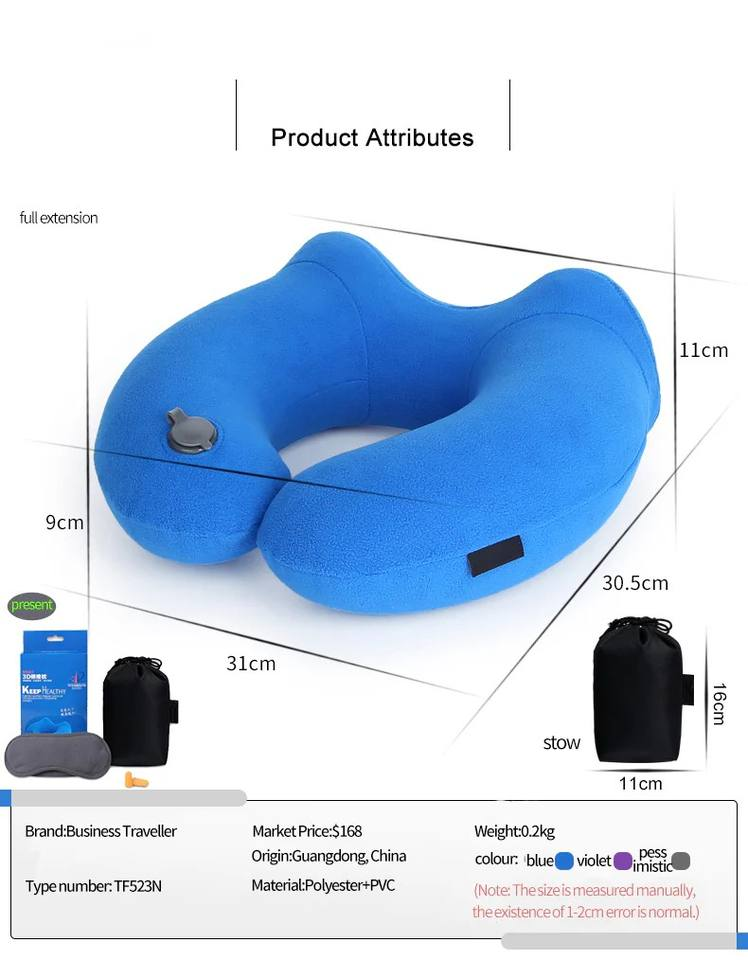 Polyester Inflatable U-Shaped Travel Neck Pillow for Airplane Use Portable Massage Pillow to Relieve Neck Pain